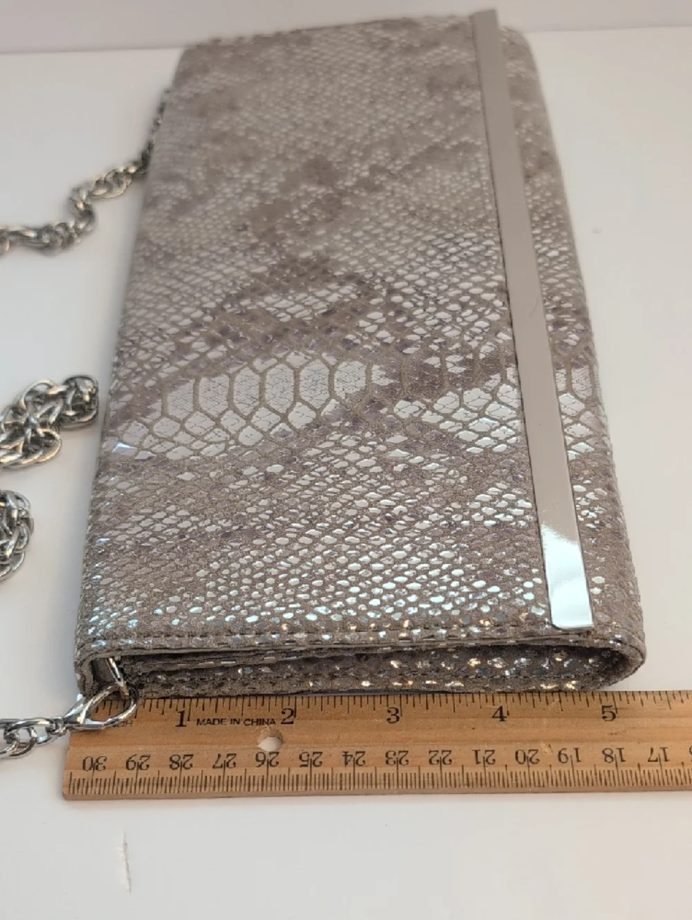 White House Black Market Silver Snake-Embossed Chain Clutch